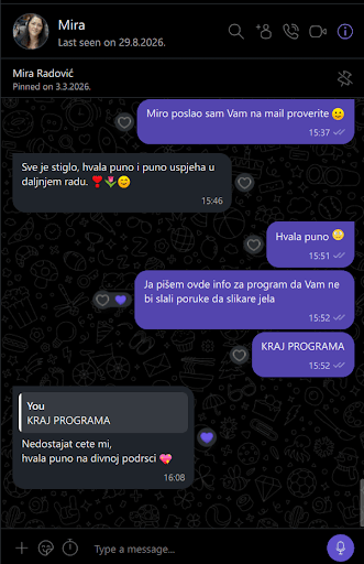 Snimak razgovora sa Mirom Radović. Damir joj šalje poruku o kraju programa, a ona odgovara da će joj nedostajati i zahvaljuje na podršci.