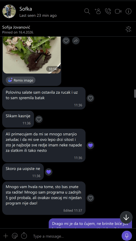 Snimak poruke Sofije Jovanović: smanjio joj se želudac, drži je sitost, napadi za slatkim su skoro nestali, a probala je mnogo programa u zadnjih pet godina.